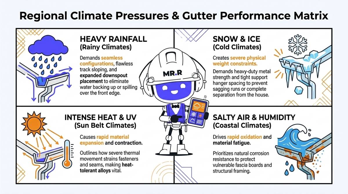 A regional climate matrix infographic breaking down how heavy rain, snow loads, intense heat expansion, and coastal salt air dictate structural gutter material selection.